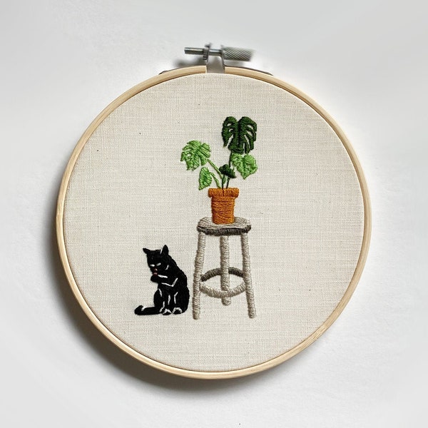 Completed Monstera Cat Embroidery Piece 6"