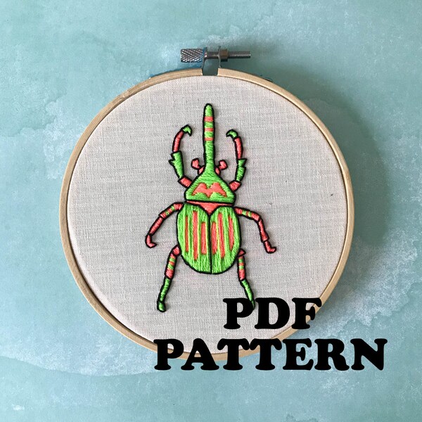 Neon Beetle Embroidery Pattern PDF Digital Download, Hoop Art 5"