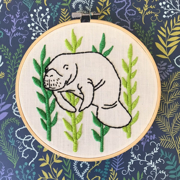 Completed Manny the Manatee Hand Embroidery Piece 6"