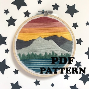 Sunset Mountains Embroidery Pattern PDF Digital Download, Hoop Art 5"