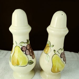 Vintage 1980&#39;s Hand Painted Ceramic  Salt and Pepper Shakers Fruit Design With Stoppers