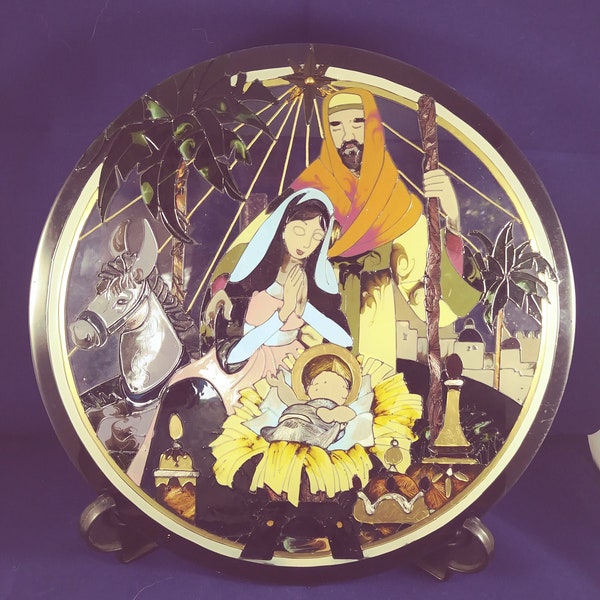 Rare  Vintage Joan Baker Designs Hand Painted Glass Nativity Baby Jesus, Joseph And Mary