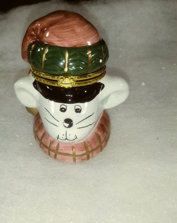 Vintage Porcelain Metal Hinged Mouse Head Trinket… - image 2