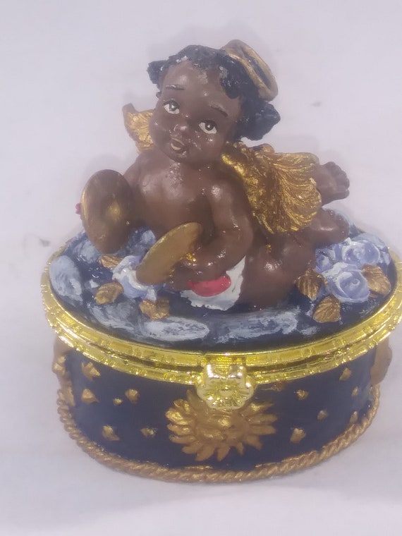 Vintage  Baby Cherub playing Symbols Metal Hinged… - image 1