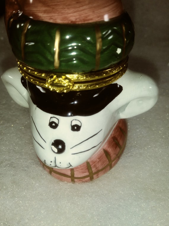 Vintage Porcelain Metal Hinged Mouse Head Trinket… - image 6