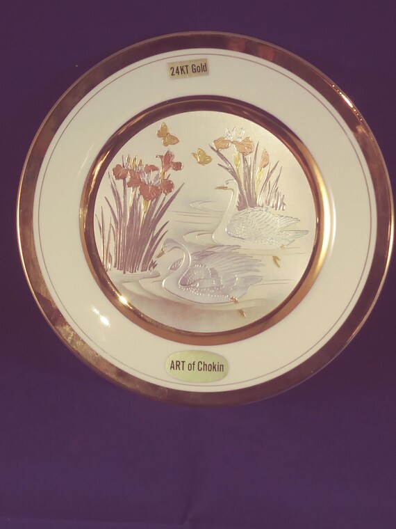 1980's Art of Chokin 24 KT Gold Edged Swan Plate - Etsy