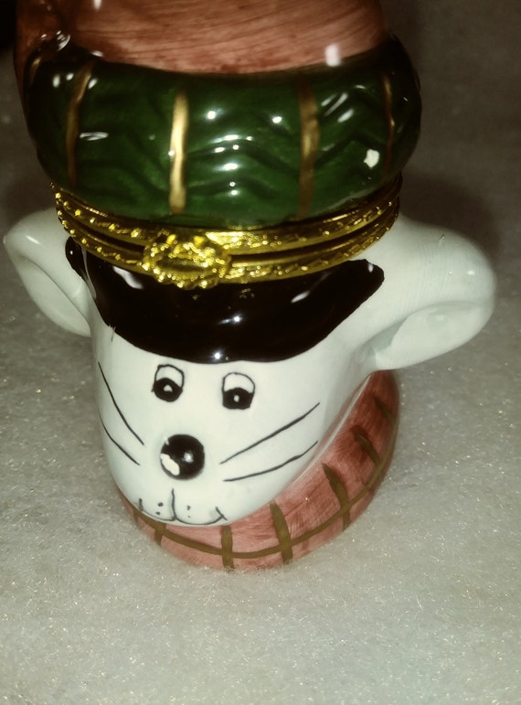 Vintage Porcelain Metal Hinged Mouse Head Trinket 