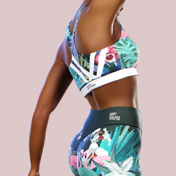 Tropical Bahamas Ensemble de soutien-gorge de sport double entraînement Vêtements pour femmes Vêtements de fitness Fleurs haut court à fleurs Boho Support imprimé Débardeur Hippie