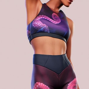 Octopus Print Sports Bra | Purple Pink Blue Crop Top for Women, Shaping Yoga Bralette, Sculpting Activewear, Workout Gym Training Sportswear