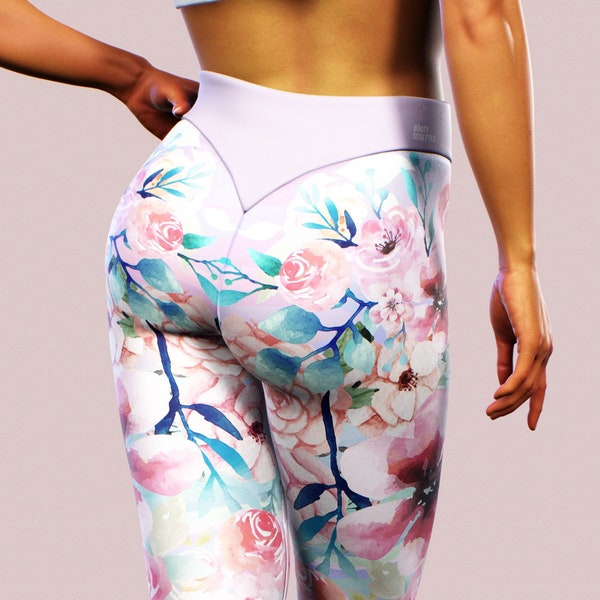 Leggings con flores de primavera, pantalones de yoga con estampado floral japonés, ropa de baile para mujer, rosas de peonía con acuarela rosa, ropa de gimnasio personalizada para fitness