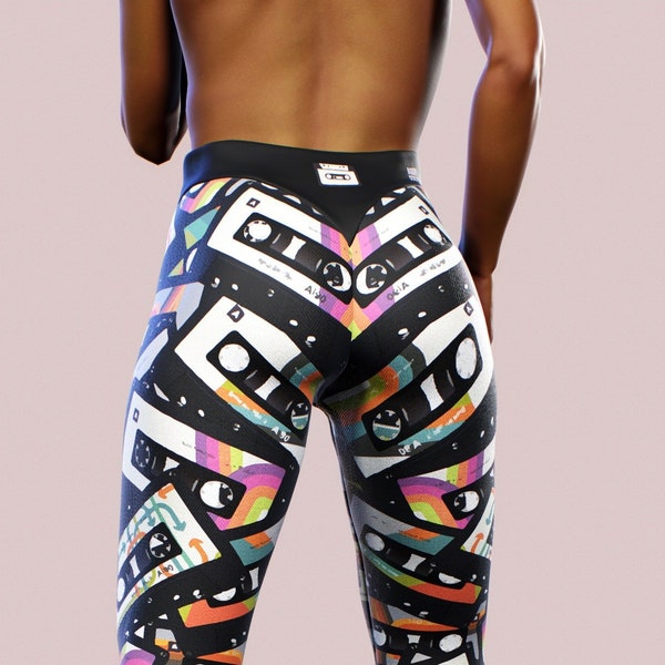 Hipster Cassette Leggings Retro 90s Cinta de audio Impreso Pantalones de yoga Old School Hippie Ropa Pantalones Fitness Música Boho Rave Baile Hip Hop