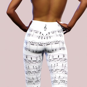 Classical Music Notes Leggings Beethoven Sonate Note Signs Printed Clothing Women Workout Yoga Pants Gym Trousers Waist Shaping Tights White