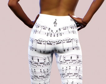 Beethoven's Music White Leggings, High Waisted Yoga Pants