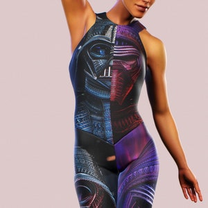 May include: A black and purple jumpsuit with a graphic print of Darth Vader and Kylo Ren. The jumpsuit has a sleeveless design and a high neckline.