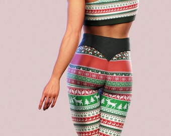 Xmas Leggings Christmas Pattern Yoga Pants Holiday Tree Reindeers Festive Tights Ornaments Women Sportswear Gym Apparel Fitness Shaping Wear