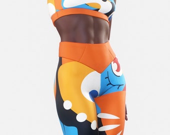 Surrealistic Stretchy Leggings | Printed Handmade Sportswear Women Workout Clothing Blue Orange Modern Art Abstract Yoga Pants Gym Tights