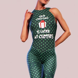 Your Xmas Present Is Under My Clothes Bodysuit Green Plaid Funny Women Clothing Workout Playsuit Gym Apparel Fun LOL Quote Catsuit Meme Gift