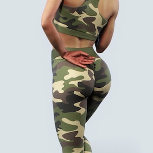 Women's Active High Rise Camouflage w Pocket Leggings, Green Camo, Large  10-12 