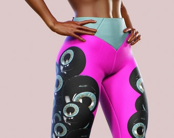 Psy Printed Leggings Eye Psychedelic Crazy Yoga Pants Gym Tights Fitness Women Trousers Activewear High Waist Weird Design Boho Hipster Pink