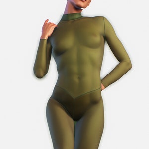 Mesh Transparent One-Piece Bodysuit |  Navy Green Camo Women Catsuit Sheer Role Play Lingerie See-Through Playsuit Leotard