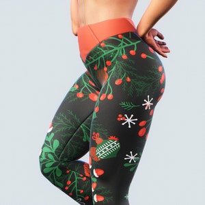 2020 Christmas Collection Leggings Workout Apparel Red Mistletoe Floral Holiday Gift Activewear Women Yoga Pants High Waisted Winter Gym image 1