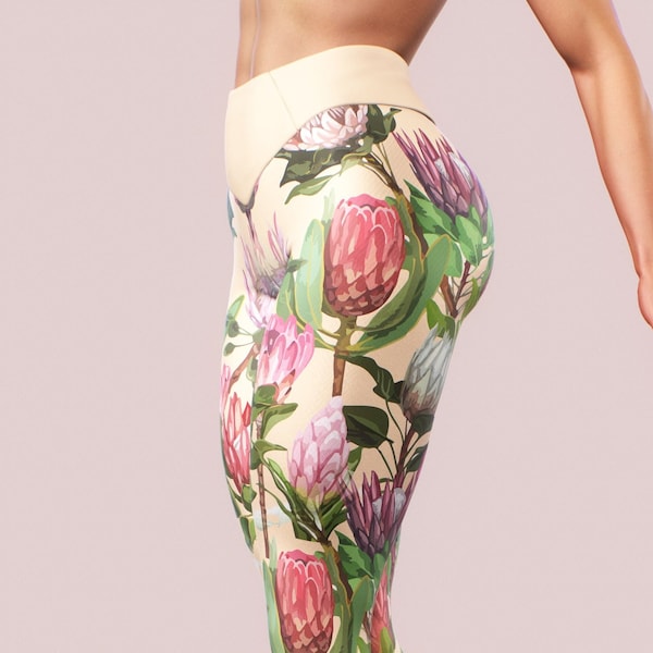 Leggings violet fleurs de chardon couleur pêche pantalons de yoga coquins Push Up collants femme rose orange motif floral imprimé bas coupe ajustée salle de sport