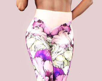 Hand Sketch Peony Leggings Floral Drawn Tights Workout Clothing Women Activewear Athletic Apparel Gym Sportswear Pink Purple Flower Push UP