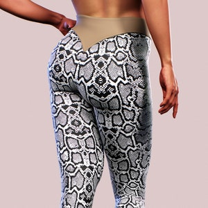 V Waist Snake Print Leggings | White Python Animal Print Yoga Pants, High Rise Body Shaping Tights, Gym Workout Activewear for Women, Snake