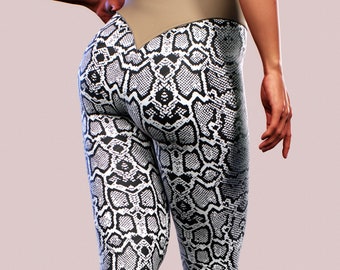 V Waist Snake Print Leggings | White Python Animal Print Yoga Pants, High Rise Body Shaping Tights, Gym Workout Activewear for Women, Snake
