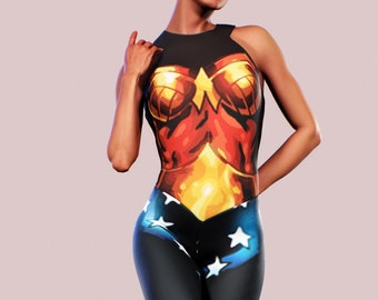 Superhero Woman Bodysuit Cosplay Costume Comics Catsuit Workout Gym Fitness Hero Playsuit Training Romper Athletic  Jumpsuit Gold Print