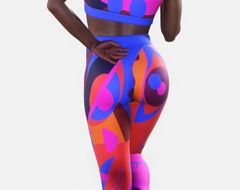 Surrealistic Pattern Leggings | Women Blue Orange Red Activewear Plus Size Sportswear Fitness Gym Yoga Pants Handmade Printed Tights Workout