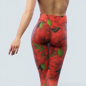 Red Poppy Gym Leggings | Fitness Workout Clothing Women Activewear Sportswear Stretch Apparel Floral Printed Tights Flower Athleisure