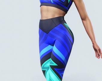 Leggings bleus sportifs | Vêtements de sport pour femmes Vêtements de conception géométrique Pantalons de yoga pour femmes Collants pour femmes Vêtements de sport imprimés à la main