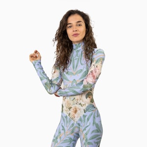 Eukalyptus & Pion Catsuit | Sportkläder Heltäckande Blå Damkläder Strandkläder Fitness Yogakläder Helkroppströja Rosor Träningskläder Gymkläder