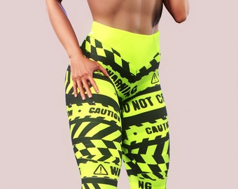 Caution Signs Leggings Warning Workout Clothing Neon Green Printed Tights Women Yoga Pants Shaping Belt  Gym Outfit Fitness Activewear
