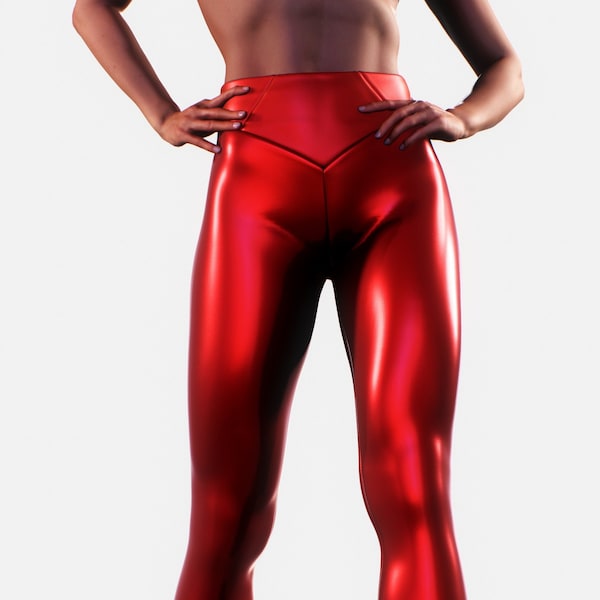 Red Metallic Leggings | Wet Look Shiny Stretchy Tights Gloss Women Clothing Festive Festival Outwear Streetwear Shine Sparkling Yoga Pants