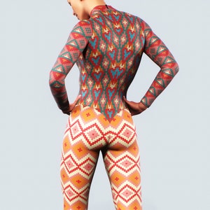 Aztec Festival Unitard | Printed Motives Bodysuit, Full Body Long Sleeves Zipper Catsuit Turtle Neck Rave Pattern Jumpsuit Sports Gym Tights