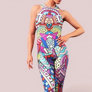 Gym Overall Catsuit Fitness Colourful Bodysuit Sports Jumpsuit Women Activewear Workout Clothing Abstract Pattern Apparel Dance Shaping