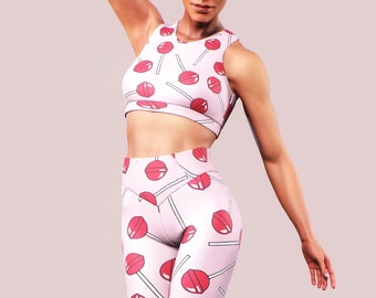 Gym Lollipop Set Fitness Sports Equipment Sweet Candy Leggings Pink Sports Bra Women Activewear Dance Two Piece Apparel Workout Sportswear