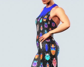 Beetle Workout Catsuit | Bug Pattern Colorful Bodysuit Printed Handmade Activewear Straps Open Back One Piece Jumpsuit Stretch Yoga Romper