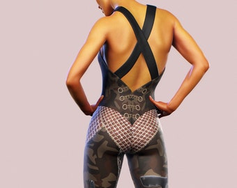 Macacão camuflado pós-apocalíptico para cosplay, roupa esportiva feminina, macacão curto camuflado, macacão militar extravagante para academia e treino.