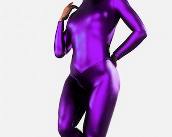 パープルストレッチビニールキャットスーツ PUフェイクラテックス