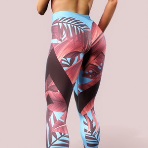 Geometry Leggings Palm Leaves Tropical Printed Tights Tropic Jungle Pattern Shaping Booty Yoga Pants Women Activewear Sky Blue Red Floral
