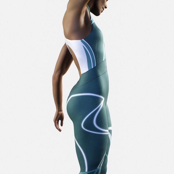 Turquoise Green Shaping Unitard | Women Green Printed Leotard Gym Fitness Apparel Zipper Booty Shaping Slim Fit One-Piece Bodysuit Catsuit