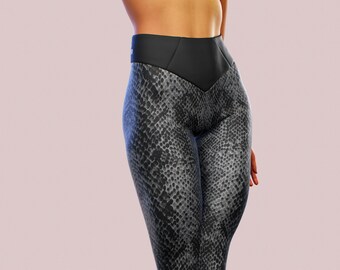 Black Grey Snake Skin Leggings Reptile Pattern Yoga Pants Shaping Bottoms Gym Trousers Dragon Printed Women Activewear Booty Sculpting Wear
