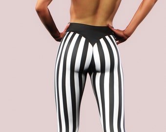 Beetlejuice Leggings Stripes Yoga Pants Striped Black White High Waist Cosplay  Shaping Slimming Bottoms Steampunk Prisoner GymTrousers