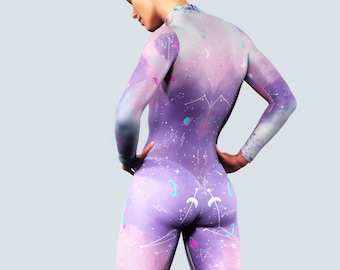 Full Body Sports Suit Purple Printed Activewear Floral Bodysuit Flowers Workout Zipper Unitard Celestial Printed Playsuit Women Catsuit Gym