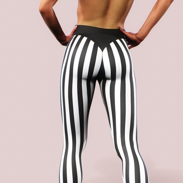 Beetlejuice Leggings Strisce Pantaloni da yoga a righe Nero Bianco Vita alta Cosplay Modellante Fondo dimagrante Steampunk Prigioniero Pantaloni da palestra