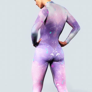 Full Body Sports Suit Purple Printed Activewear Floral Bodysuit Flowers Workout Zipper Unitard Celestial Printed Playsuit Women Catsuit Gym