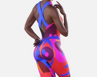 Body à motif surréaliste | Fait à la main femmes Yoga Catsuit rouge bleu violet vêtements de sport grande taille Unitard Gym Fitness justaucorps vêtements de sport